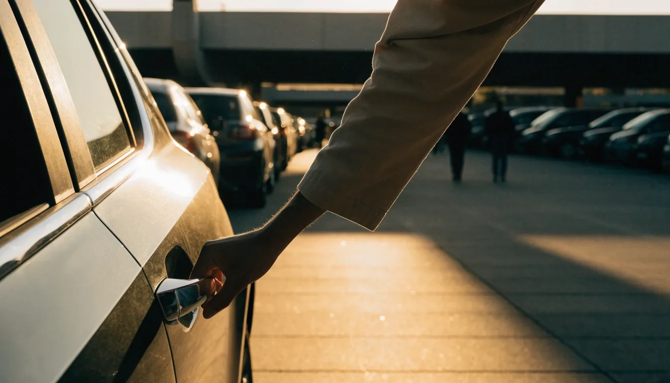 Driver's hand on a car door in golden light at Melbourne Airport parking