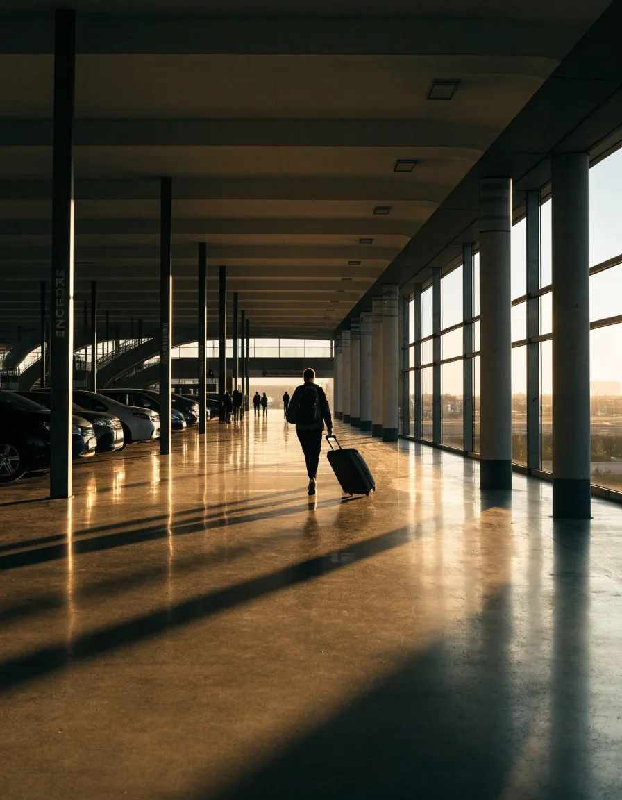 Empty deck inside a multi-storey Melbourne Airport car park at sunset