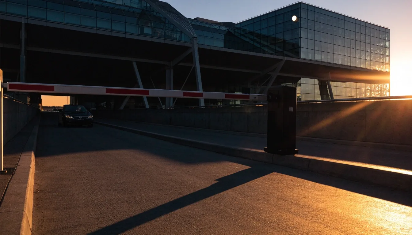 T4 terminal car park entry with open boom gate at sunset