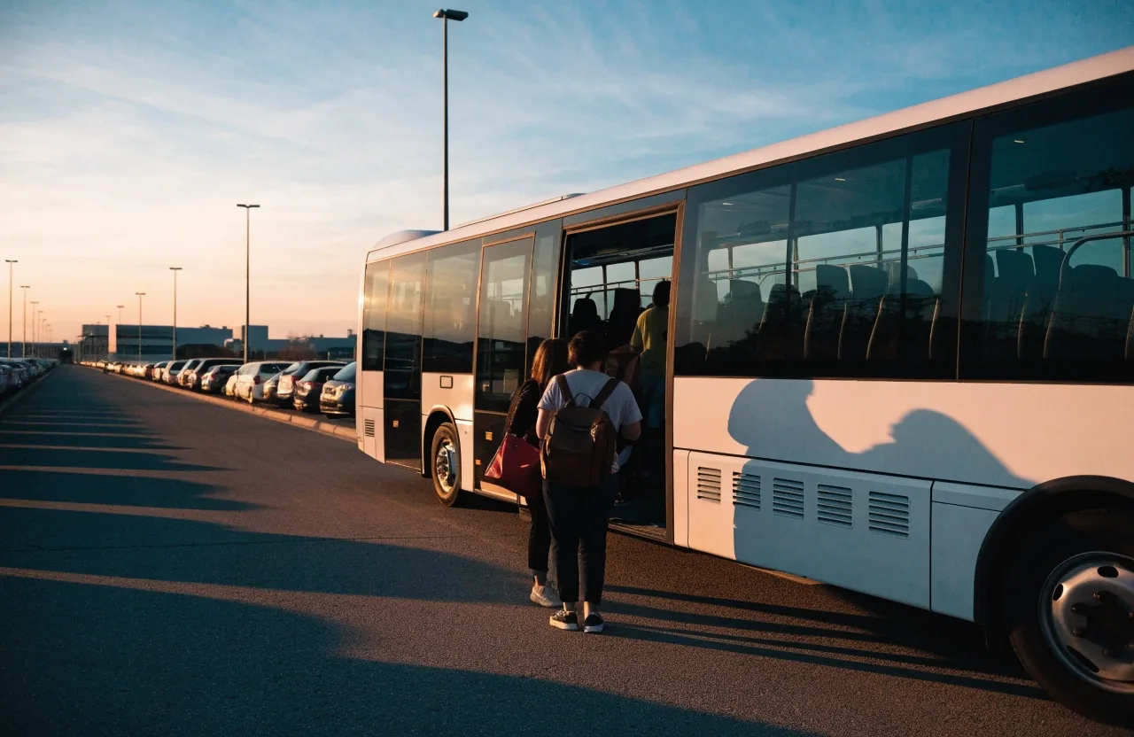 Value car park shuttle bus boarding travellers at dusk