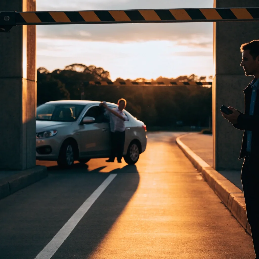 Airport parking entry lane with boom gate lifted in evening light