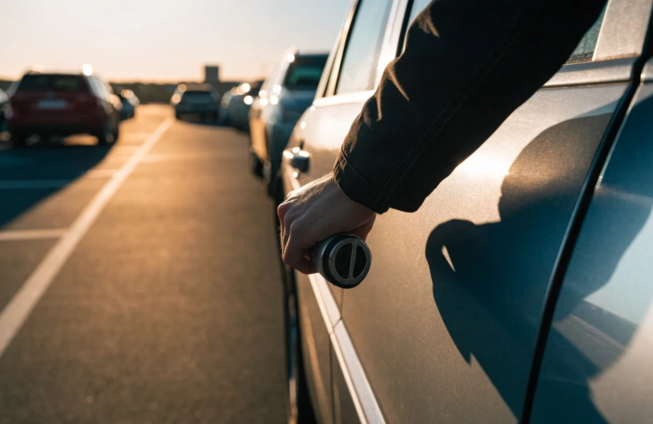 Driver hand on car door in airport car park at sunset