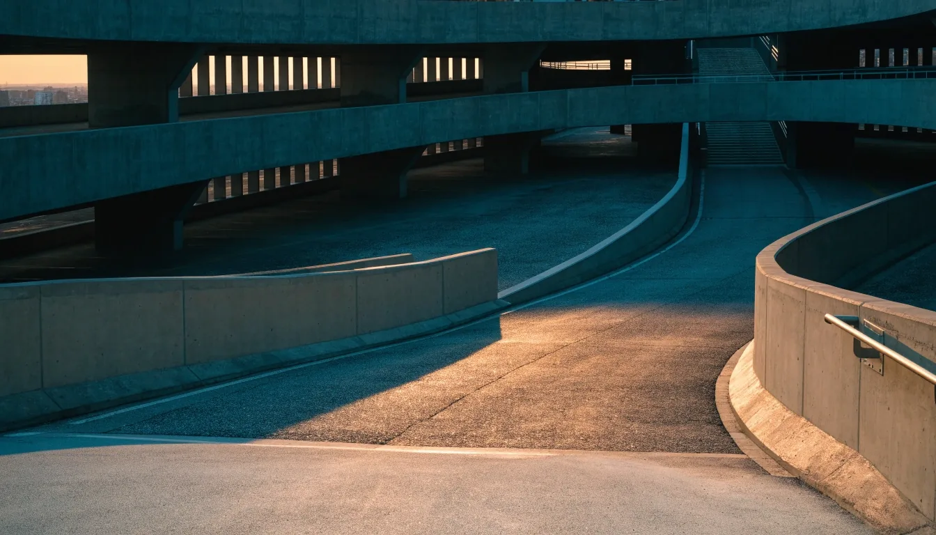 Empty multi-storey car park deck in warm evening light