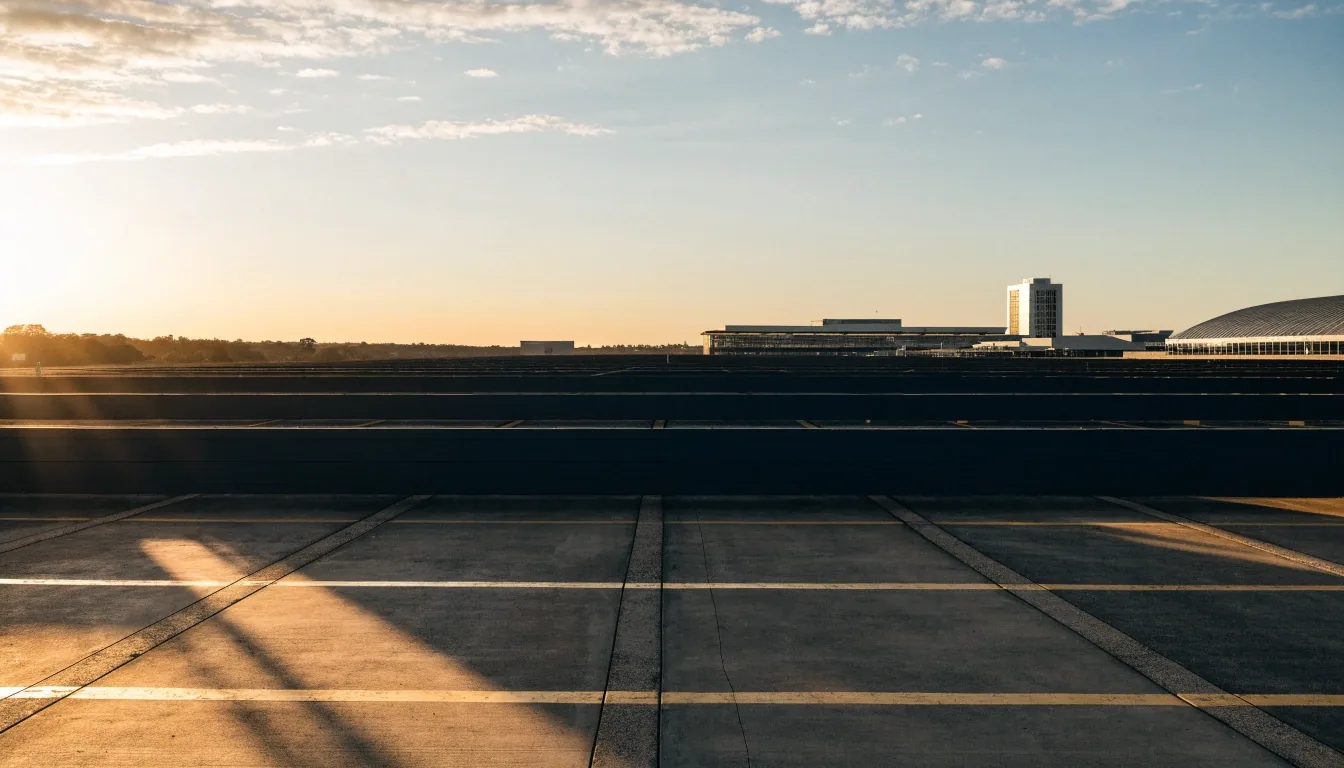 Empty Melbourne Airport car park deck in low golden-hour light
