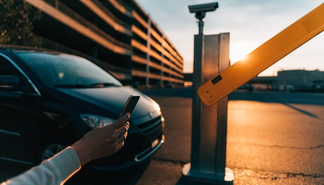 Driver using a phone to pay at a Melbourne Airport parking entry gate at sunset