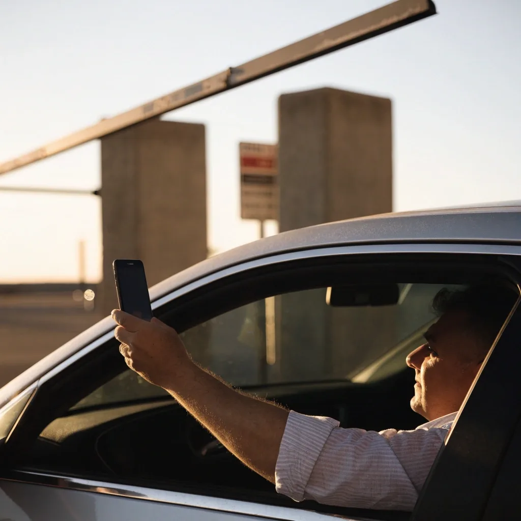 Driver ready to scan phone at airport car park entry