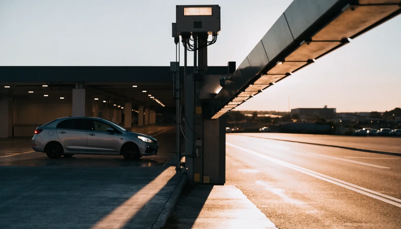Open entry gate at Melbourne Airport car park in evening light