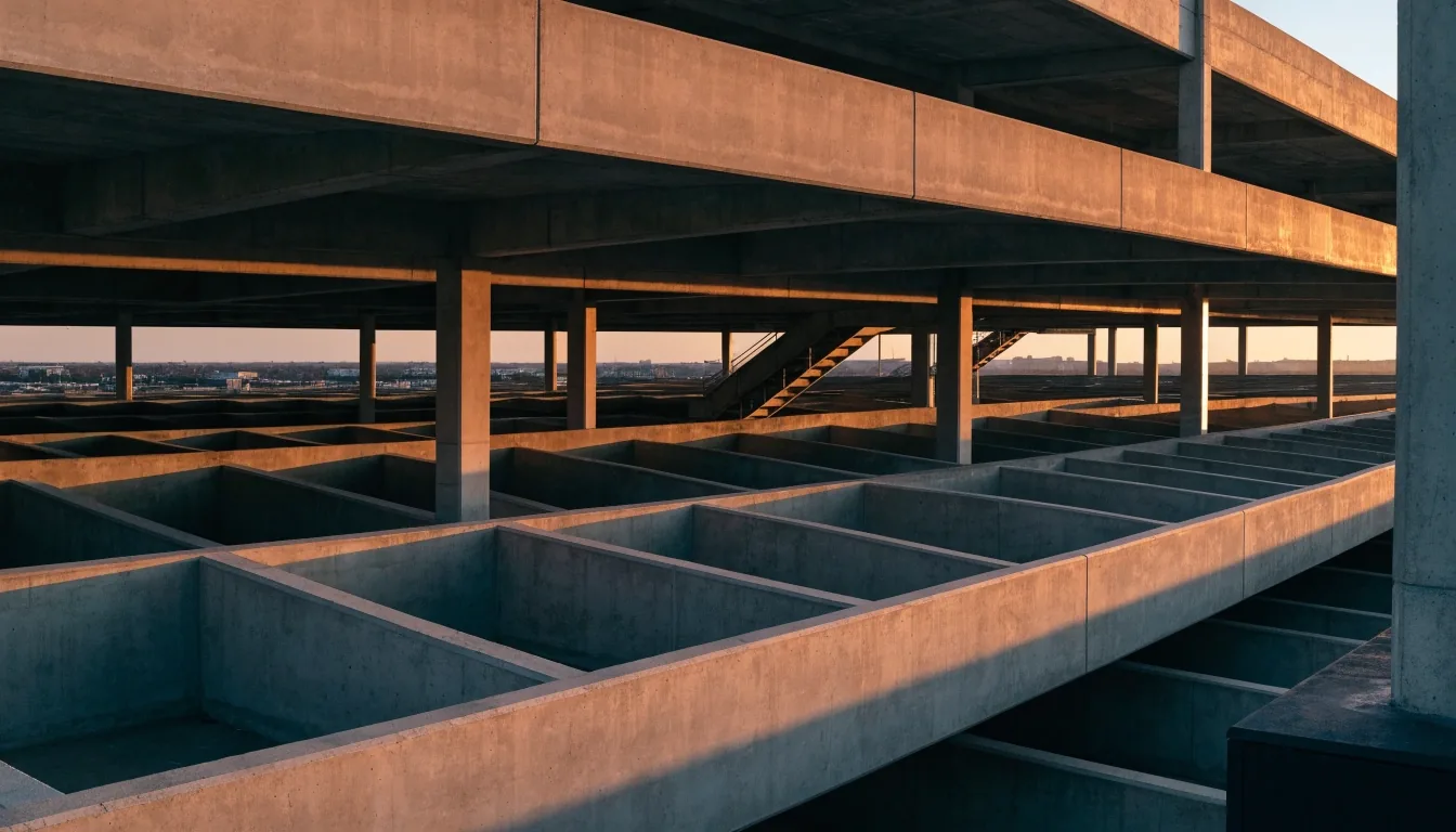 Empty Melbourne Airport car park deck at golden hour