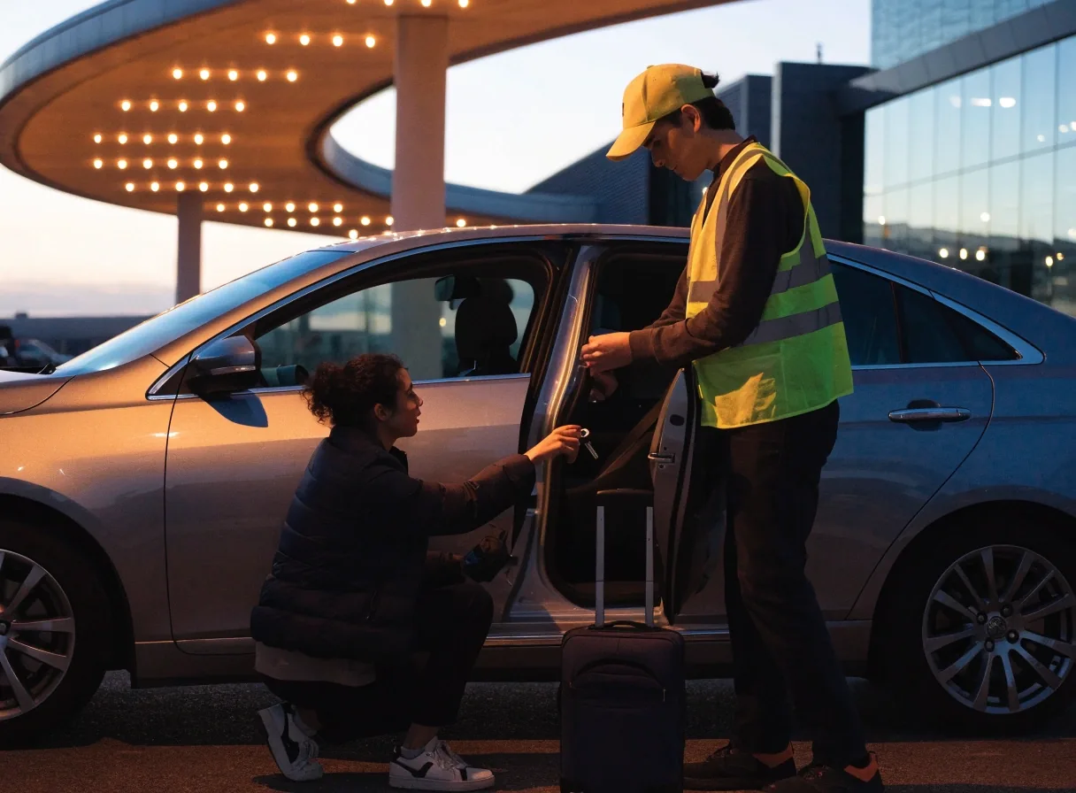 Driver handing keys to a valet attendant at the Melbourne Airport terminal forecourt