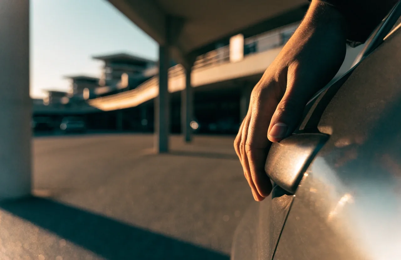 Driver hand on car door in airport car park