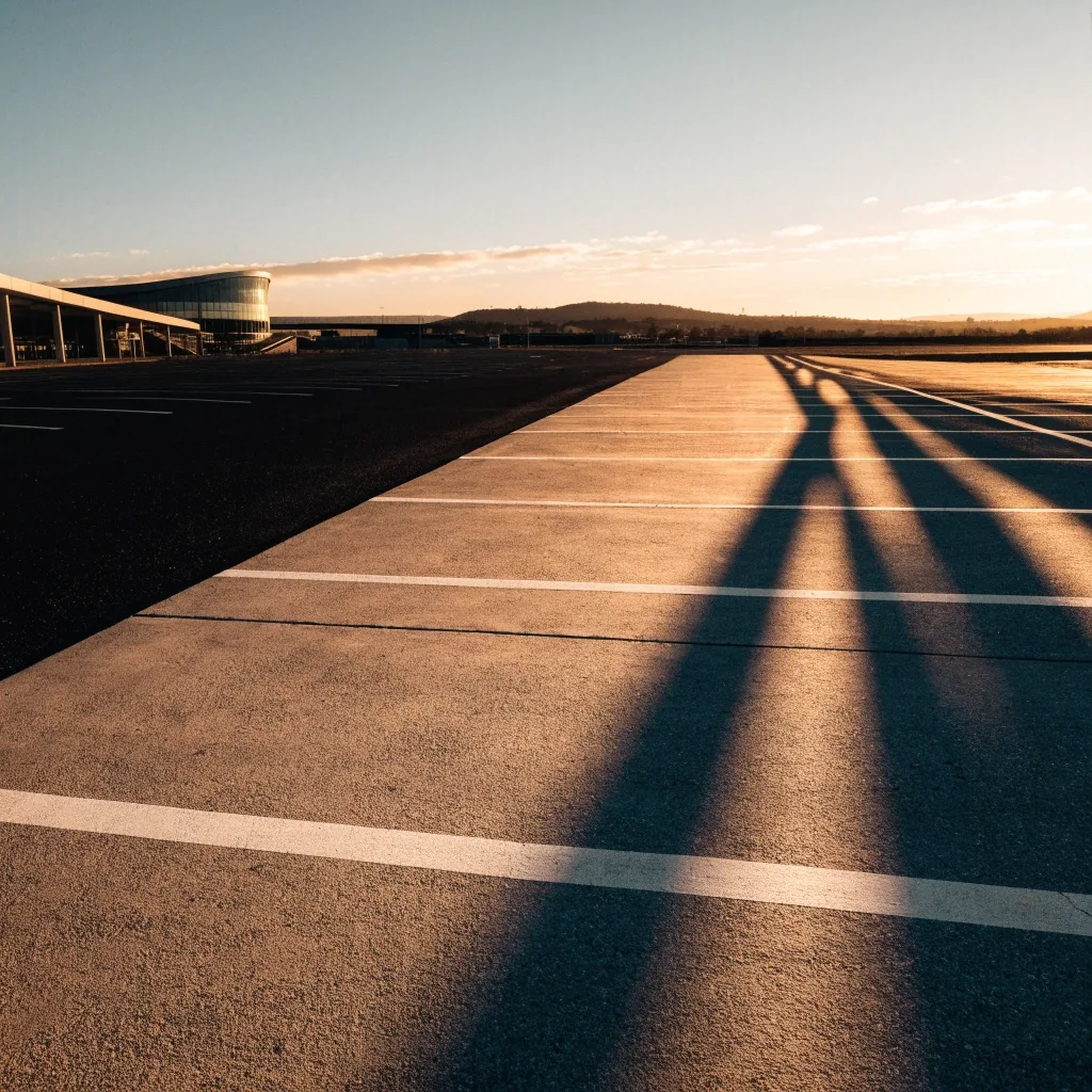 Empty Melbourne Airport parking bays in evening light
